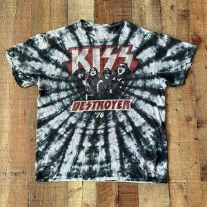 Vintage KISS Destroyer '76 Tie-Dye Black Gray White Band Short Sleeve T-Shirt
